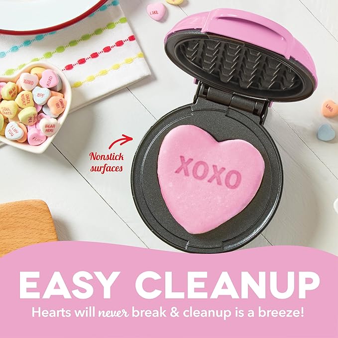 Dash & Sweethearts® Mini Waffle Maker- Mini Machine for Creative Homemade Treats - Nonstick Iron with Unique Print Design - Stylish Waffle Machine - XOXO Pink