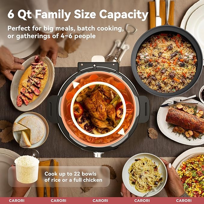 CARORI 9-in-1 Electric Pressure Cooker 6 Qt, Dual Inner Pots, Stainless Steel Pot and Non-Stick Pot, 12 Preset Cooking Programs with IMD Touchscreen, Safe Vent, Slow Cook, Rice Cook, Steam, Black