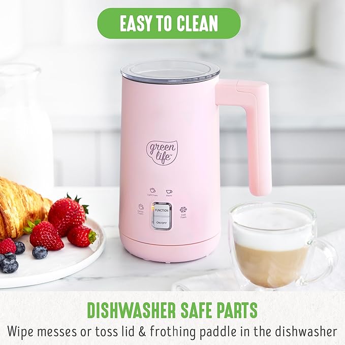 GreenLife Ceramic Electric Milk Frother, 10oz, 4-in-1, Auto Hot and Cold Foam, Dense and Light Foam, PFAS Free, Cordless Milk Warmer and Steamer for Latte, Coffee, Pink