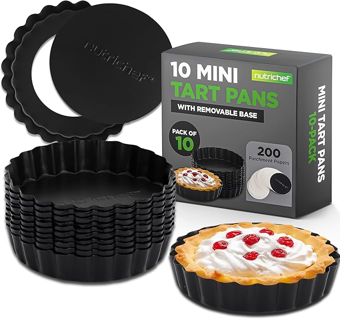 NutriChef 10-Piece Nonstick Mini Tart Pans with Removable Bottom - Heavy Duty 4 Inch Steel Quiche Pans, Oven & Dishwasher Safe, Fluted Side for Sweet & Savory Foods - Includes 200pcs Parchment Paper