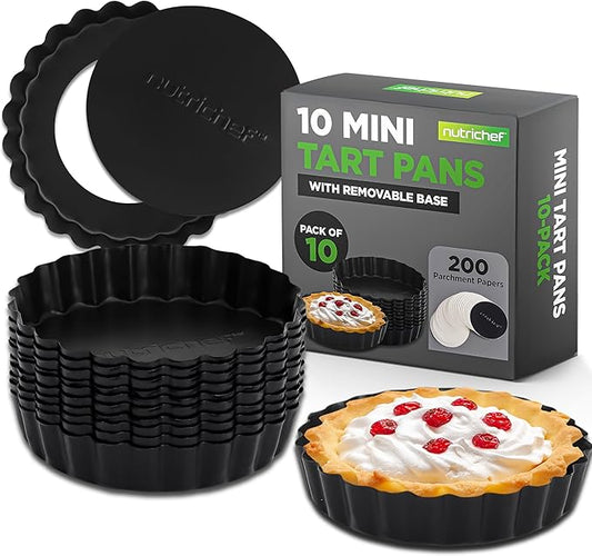 NutriChef 10-Piece Nonstick Mini Tart Pans with Removable Bottom - Heavy Duty 4 Inch Steel Quiche Pans, Oven & Dishwasher Safe, Fluted Side for Sweet & Savory Foods - Includes 200pcs Parchment Paper