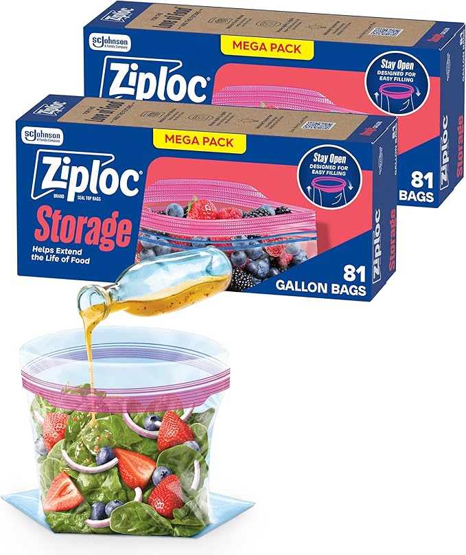 Ziploc Gallon Food Storage Bags, Stay Open Design with Stand-Up Bottom, Easy to Fill, 162 Count (Packaging May Vary)
