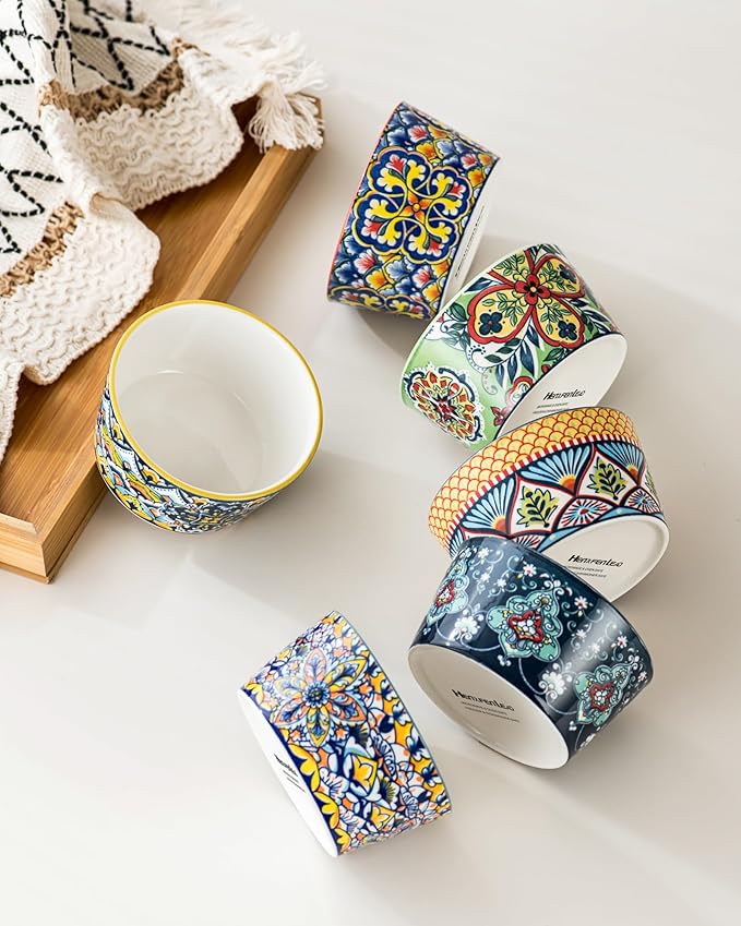 Ramekins Oven Safe for Creme Brulee - Porcelain Pudding Custard Cups 6 oz - Small Serving Bowls for Souffle, Dipping Sauce, Ice Cream, Baking Ramiken Set of 6 - Bohemian Style