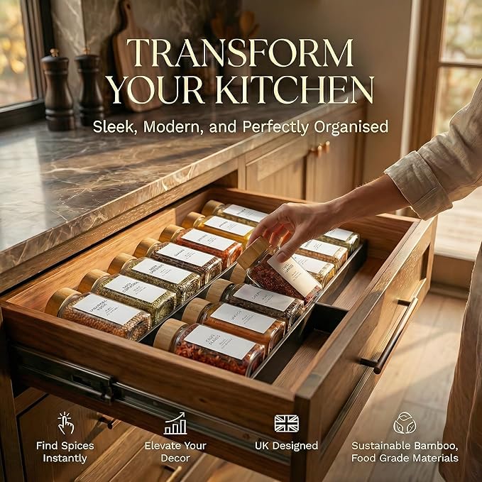Glass Spice Jars with 360 Labels -24 pcs- 4oz- Spice Containers with Bamboo Lids -Shaker Lids- Pepper Grinder-Spice Organization for Cabinet-Drawer-Rack-Seasoning Organizer-Square bottles