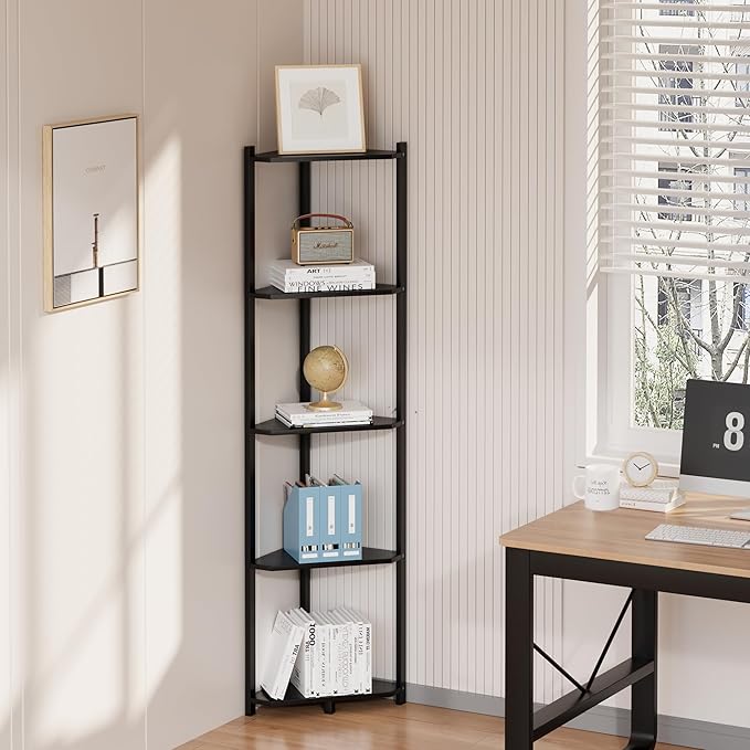 Wisuce Corner Shelf, 100% Real Bamboo Shower Corner Shelves Free Standing Shelf Storage Organizer for Bathroom Living Room Kitchen (Black, 5 Tier)