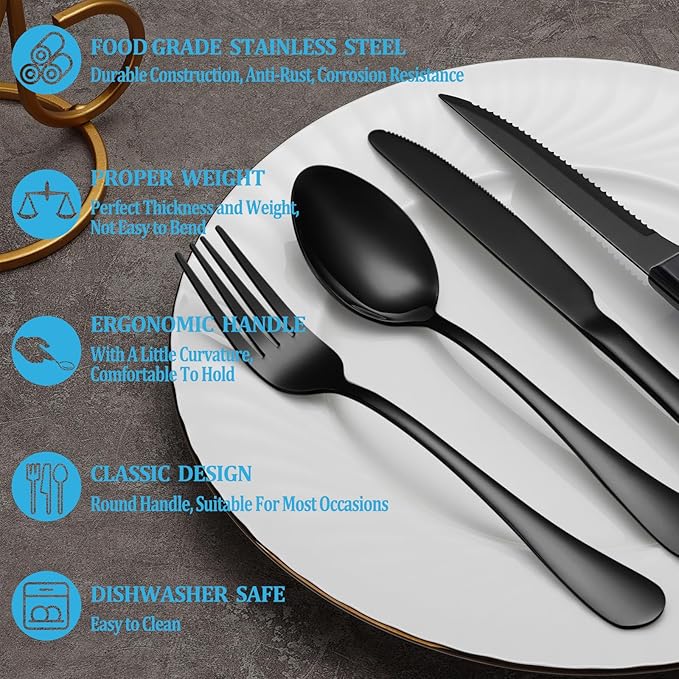 36 Pcs Black Silverware Set with Steak Knives, Stainless Steel Flatware Cutlery Set Service for 6, Kitchen Tableware Set, Utensil Set for Home and Restaurant, Knives Forks Spoon Set, Dishwasher Safe