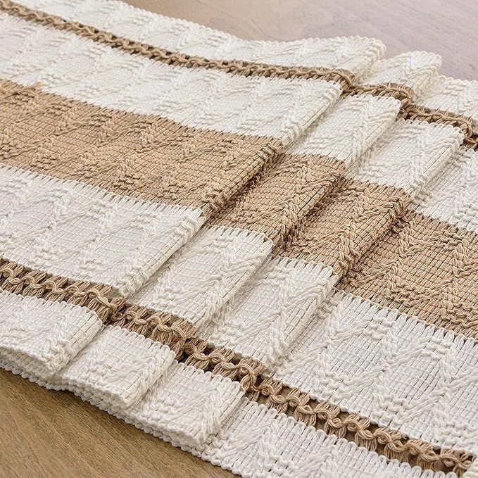 FEXIA Boho Table Runner with Tassels 12x90 Inches for Home Decor Farmhouse Rustic Macrame Burlap Table Decoration for Pottery Barn Furniture, Living Room and Dining Room