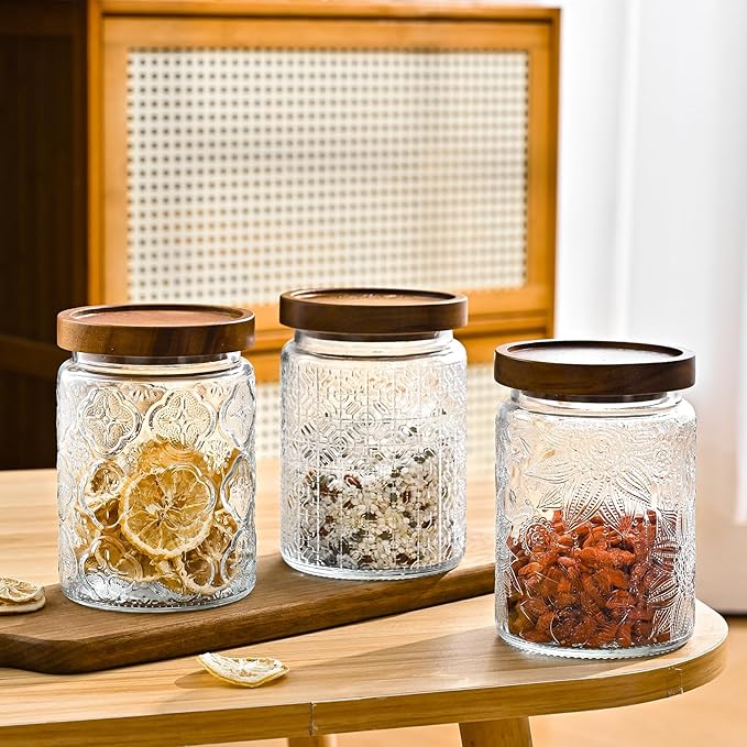 Adodeen 3-Pack 24oz Glass Jar With Airtight Lid,Kitchen Canisters For Countertop,Coffee Sugar Container Set,Pantry Glass Storage Containers For Flour,Candy,Loose Tea,Snack, mason jars