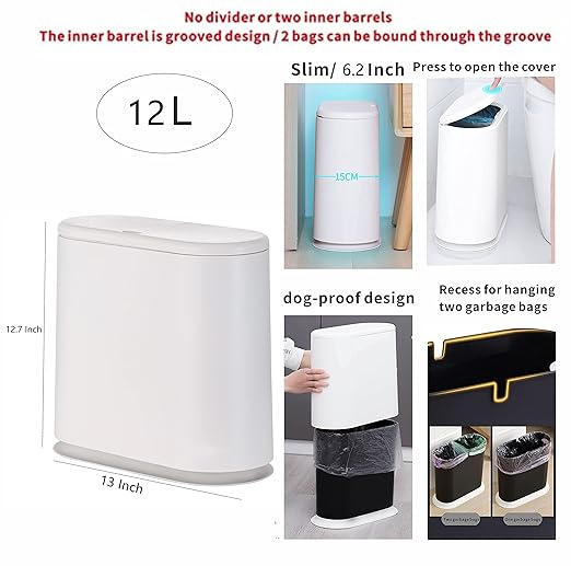 12L White Slim Bathroom Trash Can with Press Top Lid,3.17 Gallon Pet/Dog Proof Kitchen Trash Can,Thin Garbage Can,Covered Wastebasket,Narrow Small Plastic Trashcan for Craft Room,Bedroom,Office,Dorm