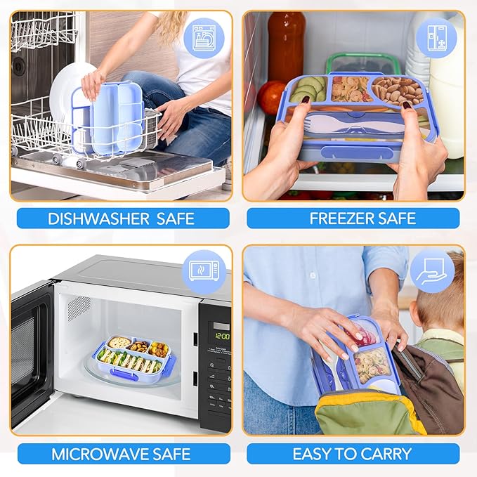 EASYFUN Bento Box Adult, Lunch Box, 4-Compartment Lunch Containers, Drop-Proof, Dishwasher Safe & Made with BPA-Free Materials (Blue)