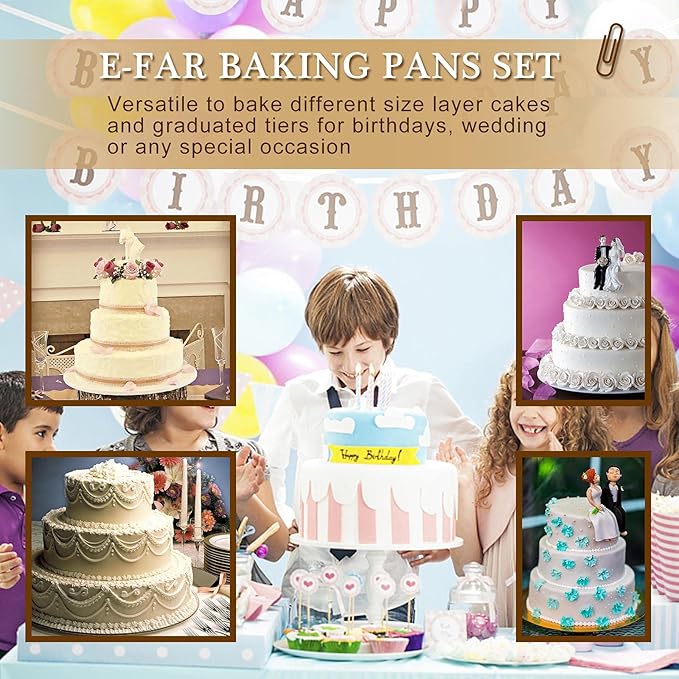 E-far Deep Cake Pan Set of 3 (6 inch/8 inch/9½ inch), Stainless Steel Round Layer Cake Baking Pans, Metal Tier Cake Tins for Wedding Birthday, Leak Proof & Straight Side, Non-toxic & Dishwasher Safe