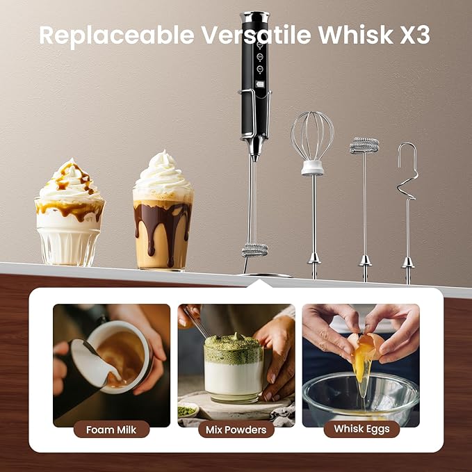 YUSWKO Black Milk Frother Wand for Coffee with Stand, Handheld Coffee Frother, Rechargeable Drink Mixer, Waterproof Electric Whisk