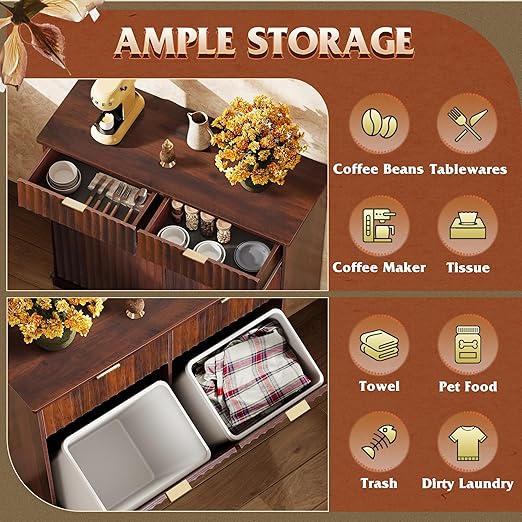 WLIVE 2 * 10 Gallon Double Tilt Out Trash Can Cabinet, Hidden Trash Can Cabinet with Storage Drawers,Food/Clothes Storage Pet Proof Wooden Trash bin Cabinet for Kitchen, Home, Laundry (Brown)