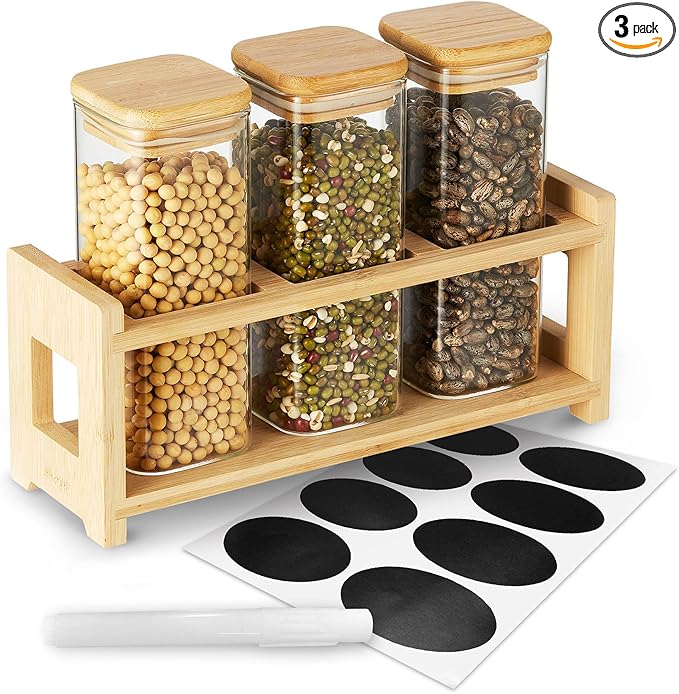 Mini Glass Storage Containers with Lids & Display Rack - Small Air Tight Spice Jars & Sealable Coffee Canister with Sticker Label & Pen (Set of 3)