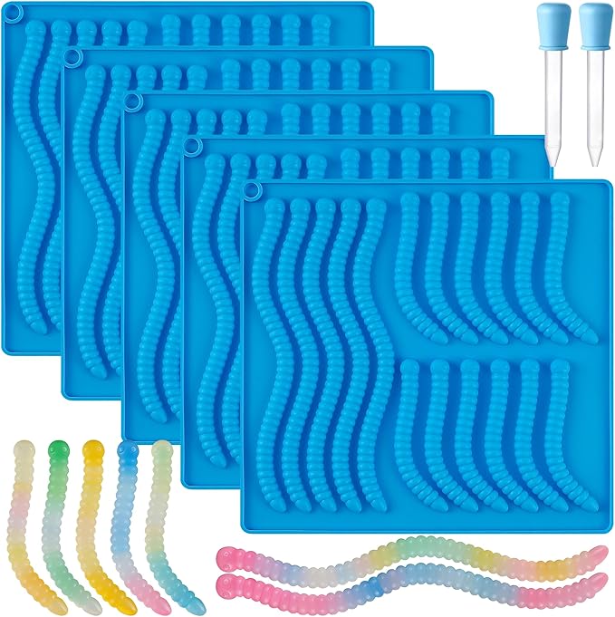 Sidosir 7Pcs Silicone Gummy Worm Chocolate Molds, Non-Stick Worm Chocolate Mold for Parties, Gummy for Home DIY, Silicone Mold for Make Gummies