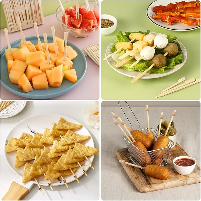 400PCS Cocktail Picks, Sublaga 4.7" Eco-friendly Natural Bamboo Ball Food Picks, Fancy Toothpicks for Appetizers, Drinks Party Fruit, Bamboo Gold Ball Food Sticks Charcuterie Boards Accessories