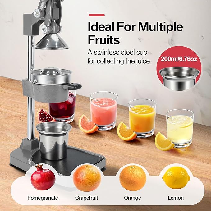 18 Inch Height Commercial Heavy Duty Cast Iron Hand Press Manual Orange Citrus Lemon Lime Grapefruit Pomegranate Fruit Juice Squeezer Machine with Stainless Steel Cup and Durable Base Grey