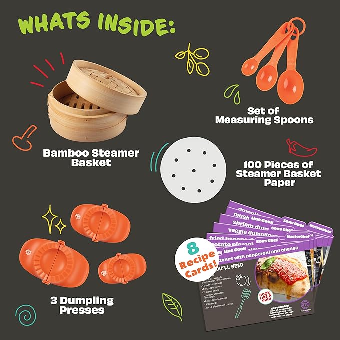 MasterChef Junior Kids Dumpling Making Set- 5 Pc Kit- Real Cookware Includes Recipes, Steamer Basket, Mold, Press Measuring Spoons Steamer Paper, Homemade Cooking Party for Dim Sum Soups Chinese Food