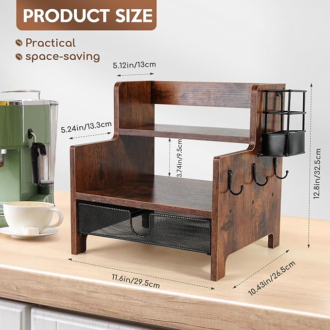 3-Tier Coffee Station Organizer for Countertop, Wood Coffee Bar Organizer with Drawer, Rustic Coffee and Tea Condiment Organizer, K-Cups Coffee Corner Organizer with 6 Hooks for Coffee Bar Accessories