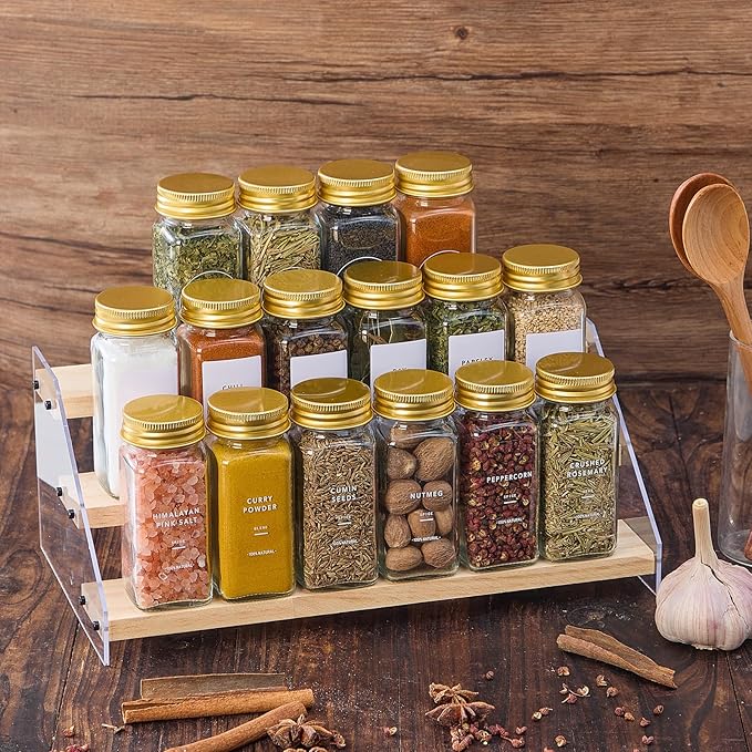 48 Pcs Glass Spice Jars with 576 Labels, 4oz Empty Square Spice Containers,Seasoning Bottles with Gold Metal Caps - Shaker Lids, Funnel and Pen Included