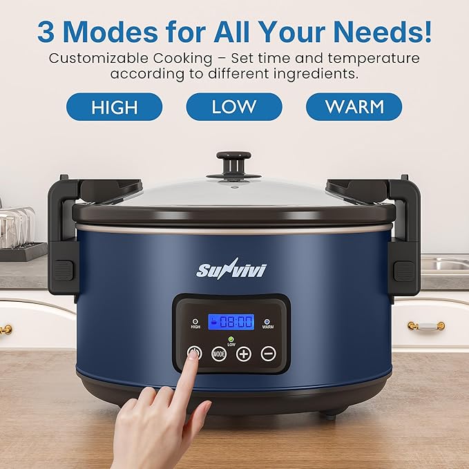 Programmable Slow Cooker with Locking Lid, Portable Multi-Cooker for Family and Gatherings, 8.5 QT Food Warmer with Adjustable Temp, Warmer with Digital Timer, Dishwasher-Safe, Blue