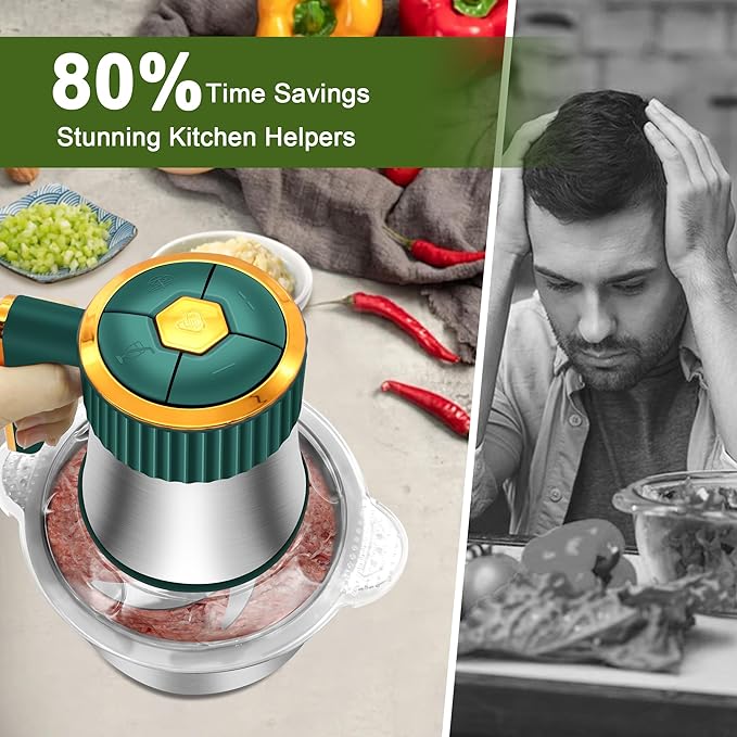Food Processor, 5-Speed Electric Food Chopper, Meat Grinder with 2 Bowls (8 Cup+8 Cup) & 2 Sets of Blades, Meat Processor for Meat, Vegetables, Fruits and Nuts (Green)