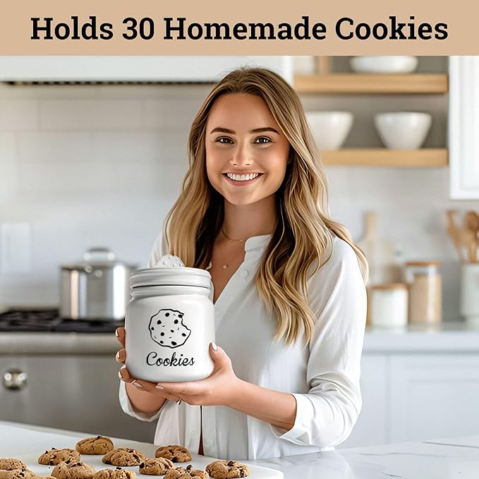 HB Design Co. Cookie Jar with Airtight Lid - 6" D x 8" H Matte White Ceramic Cookie Jar with Rubber Lined Lid - Large Cookie Jars with Lids Airtight - Farmhouse Cookies Jar for Kitchen Counter