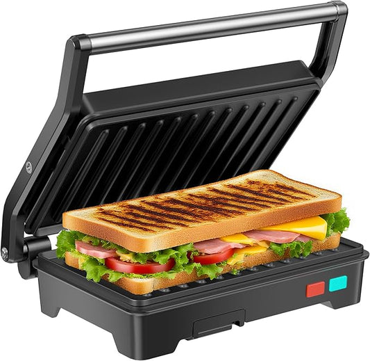 Panini Press Grill, 1000W Sandwich Maker with Non-Stick Coated Plates, Opens 180 Degrees for Any Size of Food, 3-in-1 Sandwich Press Electric Grill, Stainless Steel Surface and Removable Drip Tray