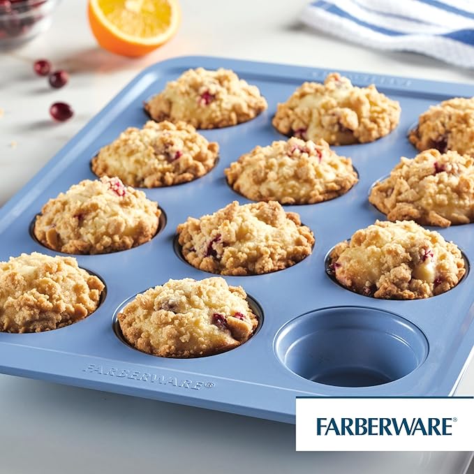 Farberware Easy Solutions Nonstick Bakeware Muffin/Cupcake Baking Pan, 12-cup with fill lines - Blue