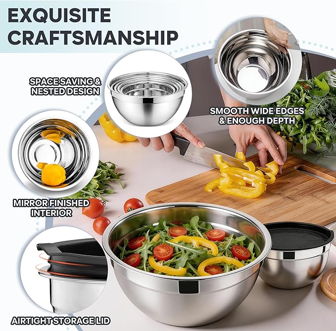 E-far Mixing Bowls With Lids Sets of 5, 10-Piece Stainless Steel Salad Metal Nesting Bowl for Baking Cooking and Prepping, Airtight Lid & Stackable Design, Size 4.6, 3, 2.1, 1.5, 0.7 QT, Black