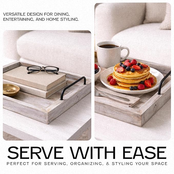Besti Rustic Vintage Food Serving Trays (Set of 2) | Nesting Wooden Board with Metal Handles | Stylish Farmhouse Decor Serving Platters | Large: 15 x2 x11” - Small: 13 x2 x9” inches (Rustic)