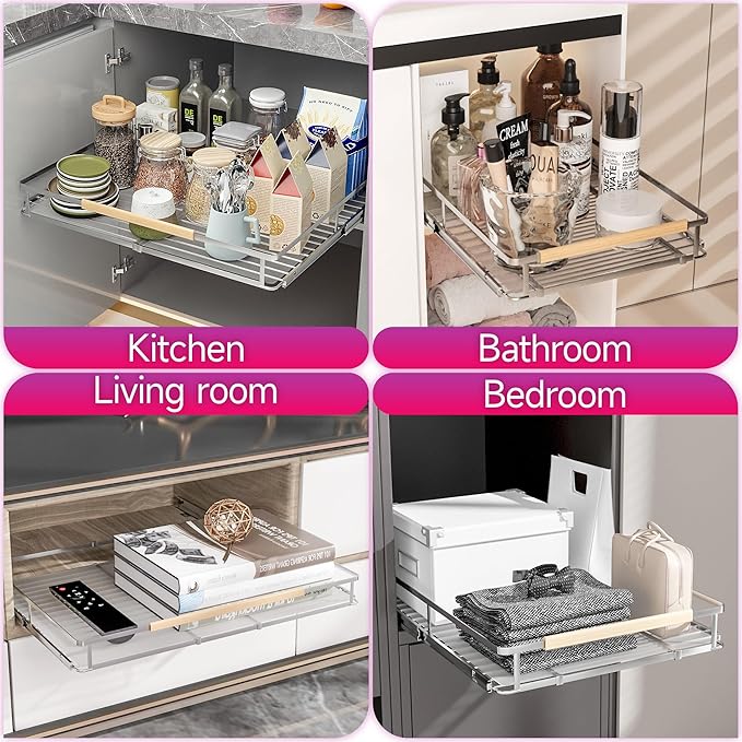SUZLON Pull Out Cabinet Organizer, Expandable(20.9"~37.9") Cabinet Drawers Slide Out, Adjustable Width Roll 0ut Shelf Cabinet Organizer for Kitchen Base Cabinet Organization (X-Large, 1Pack)