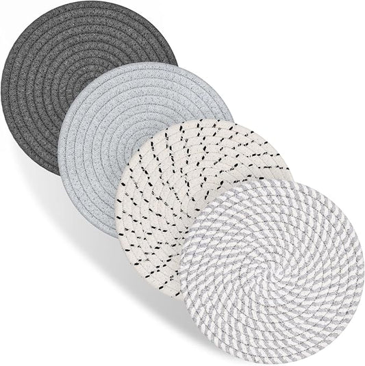 Trivets for Hot Dishes, 4 Pot Holders for Kitchen, Heat Resistant Mats for Countertop, 8 Inch Hot Pads for Hot Pots and Pans, Coaster, Home Essentials, Rustic Farmhouse Decor (Gray)