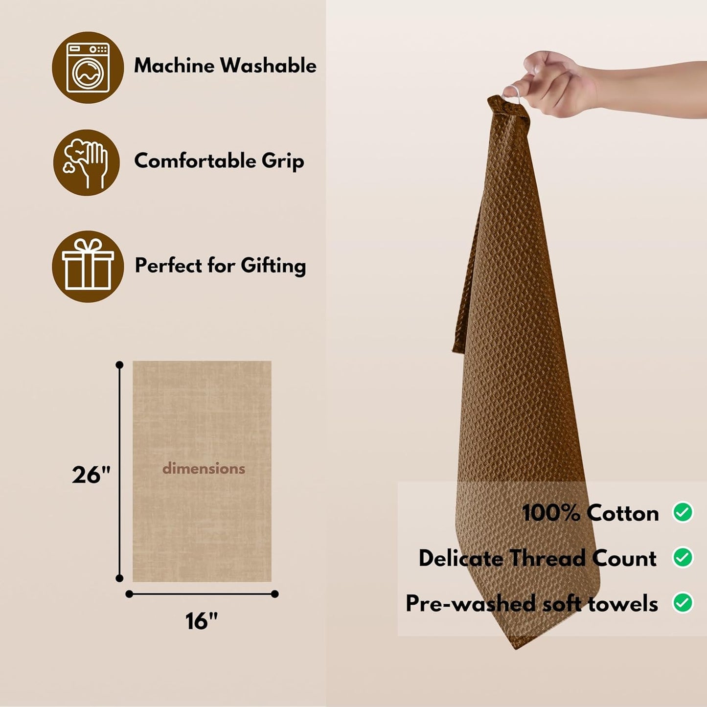 Native Fab Waffle 12 Pack 100% Cotton Easter Kitchen Dish Towels 16x26 Absorbent Durable Washable, Tea Cloths, Bar Towels, Cleaning With Hanging Loop, Brown