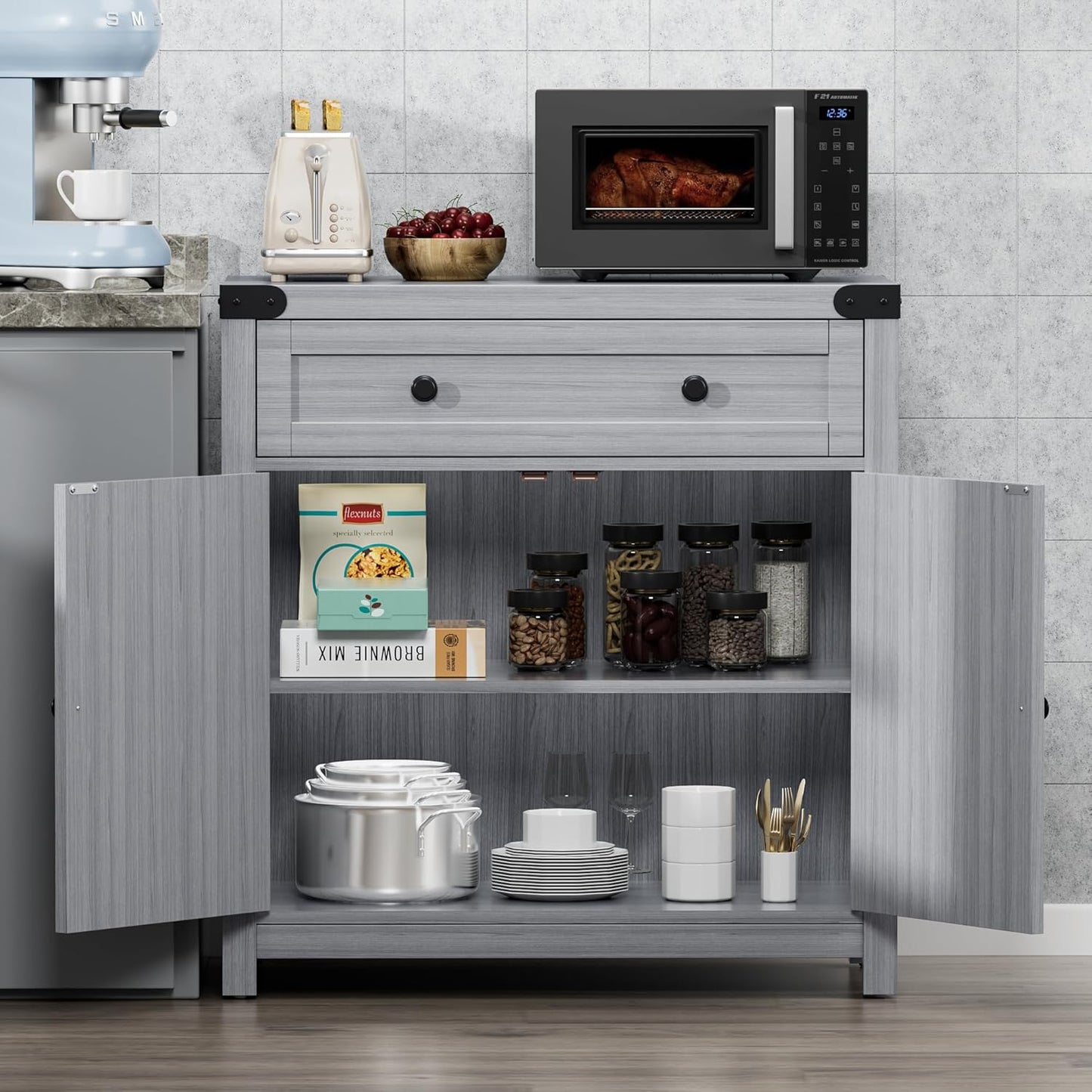 YESHOMY Farmhouse Coffee Bar Cabinet Sideboards, with Barn Doors, Spacious Drawer, Adjustable Interior Shelf, Generous Top Surface, for Kitchen, Bathroom, Entryway, Living Room, Pure Gray