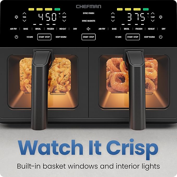 Chefman Dual Air Fryer Oven with DC Motor, 9 Qt. Double Basket Air Fryer with 450°F Max Temp for Meals in Minutes, Bake, Broil, Dehydrate, Reheat for Extra-Crispy Chicken, Fries, and More - Black