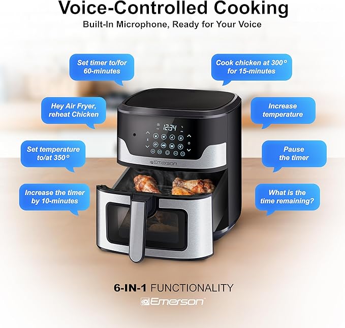 Emerson SmartVoice 5.3QT Air Fryer, 1000+ Voice Commands, 6-in-1 Digital Cooker, Compact Countertop Design, Oil-Free Healthy Cooking, Easy-Clean Nonstick Basket, 1500W