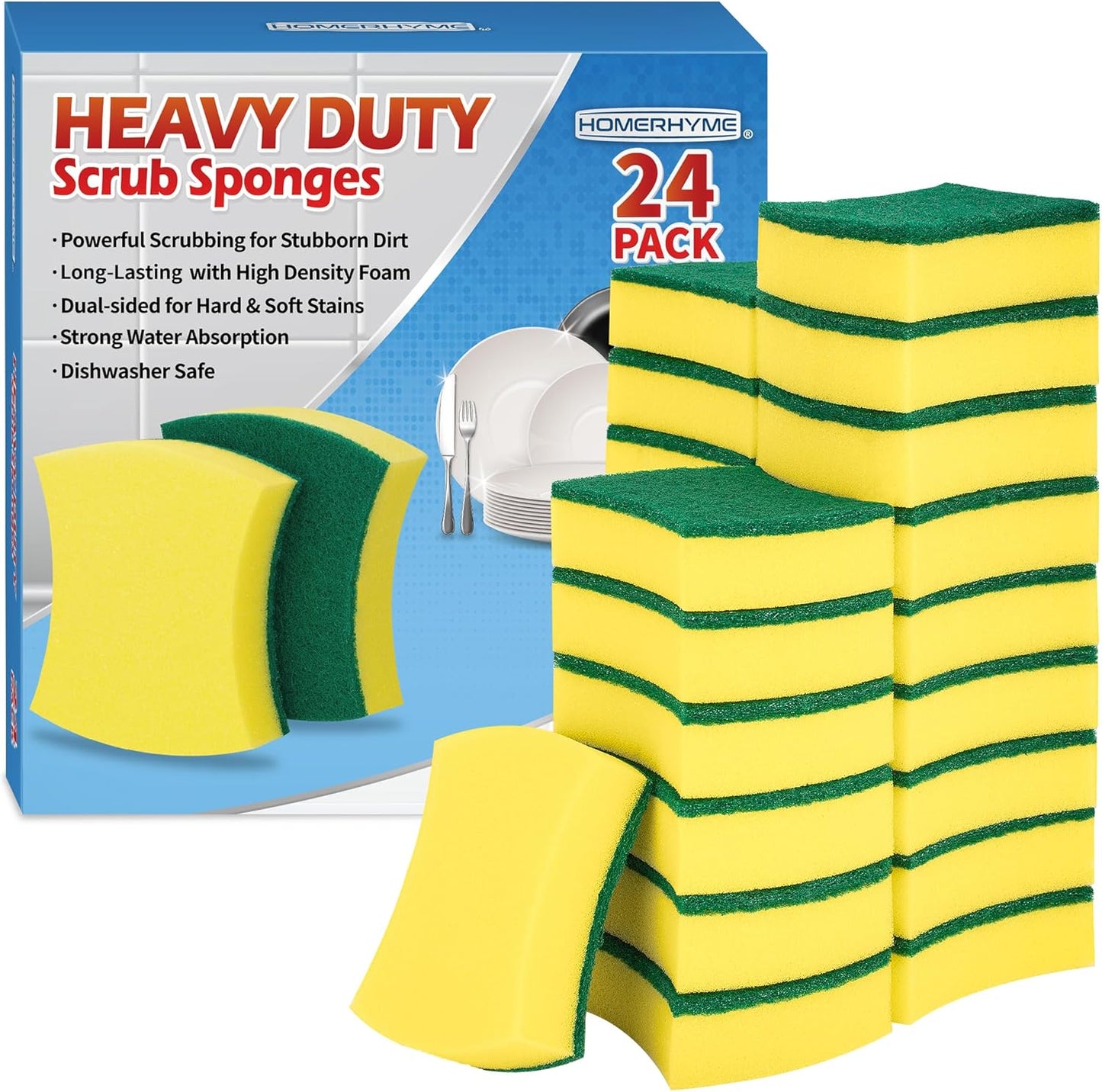 HOMERHYME Heavy Duty Scrub Sponges 24 Pack, Double-Side Design, Long-Lasting Kitchen Sponges, High Density Dish Sponge.