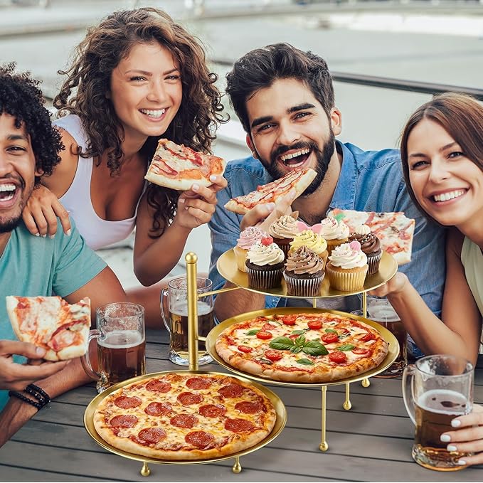 Teenyyou 7 Pcs Pizza Pan Riser Stands Sets Includes 1 Pcs Tiered Tray Stand 3 Stainless Steel Pizza Pan and 3 Wood Handle Knife for Home, Restaurant Party (Elegant Style,Gold)
