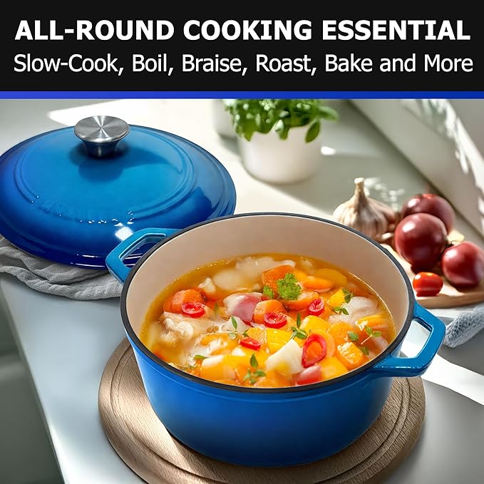 MUELLER HOME 7.5 QT Enameled Cast Iron Dutch Oven, Heavy-Duty Casserole Dish and Braiser Pan with Lid and Stainless Knob, Oven-Safe up to 500° F & Across All Cooktops, Aqua Blue
