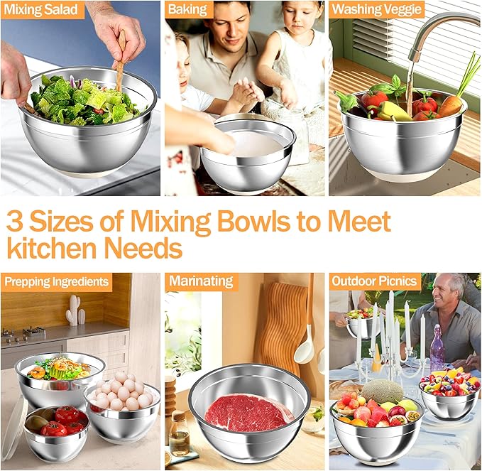 Nicdiet Mixing Bowls with Airtight Lids, Stainless Steel Mixing Bowl Set with 3 Metal Nesting Bowls, Colander & Grater, Non-Slip Bottoms, Size 1.5, 2.5, 5 QT, Great for Mixing & Serving, Khaki