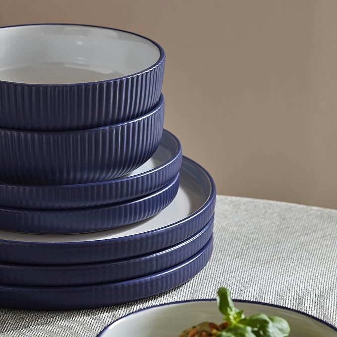 Christian Siriano Laro 24-Piece Stoneware Dinnerware Set, Plates and Bowls Set, Microwave and Dishwasher Safe, Dish Set for 8, Dark Blue