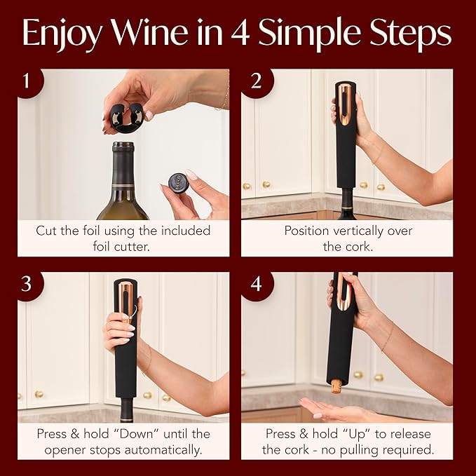 Rechargeable Electric Wine Bottle Opener - Charging Base and Foil Cutter Included with Automatic Wine Opener - Electric Corkscrew for Easy Cork Removal - Best Gift for Wine Lover (Black & Rose Gold)