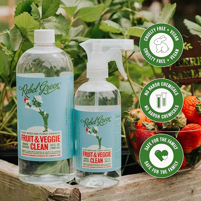 Rebel Green Fruit & Veggie Clean - Plant-Based Produce Cleaner - Natural Fruit and Vegetable Wash with No Aftertaste - Dirt & Grime Removal - Made with Organic Extracts of Citrus - 3 Pack 17 FL OZ