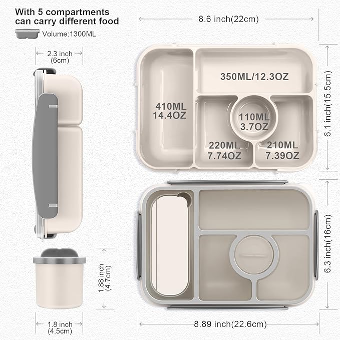 Amathley Bento Box Adult Lunch Box Kids,Lunch Containers for Adults/Kids/Toddler,5 Compartments Bento Lunch Box with Sauce Vontainers,Microwave & Dishwasher & Freezer Safe,BPA-Free (White)