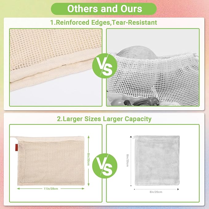 Pack of 12 Reusable Grocery Bags, 3 Sizes (4xS+4xM+4xL) Reusable Shopping Bags Heavy Duty Cotton Bags Mesh Bags for Vegetables, Enhanced Closure Edge, Double Stitched, with Tare Weight