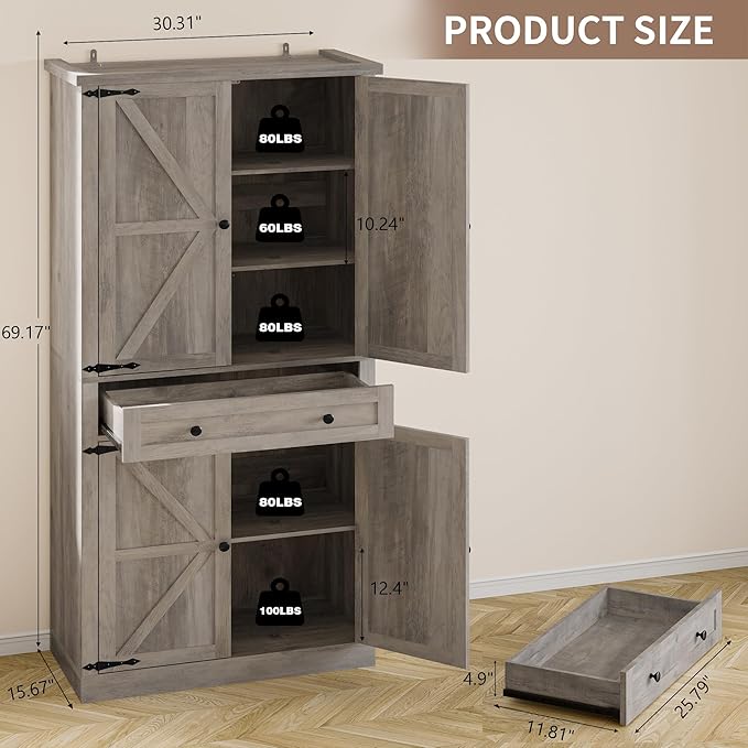 Pantry Organizers and Storage Cabinet, 70” Barn Door White Kitchen Cabinet with Drawers and Adjustable Shelf, Tall Pantry for Kitchen, Dining Room, Living Room Bedroom