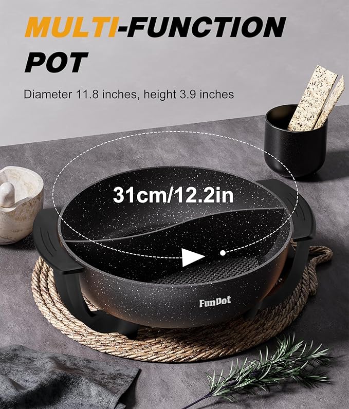 6L Dual-Sided Electric Hot Pot with Cool-Touch Handles, 1100W Adjustable Heat, Hexagonal Non-Stick Interior & Overheat Protection (Wraparound Black Handles)