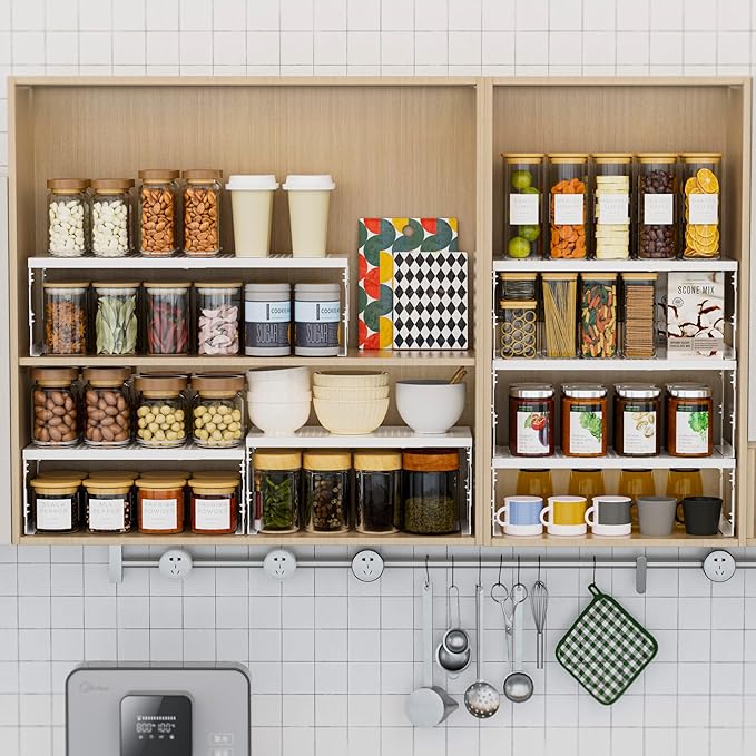 Stackable Expandable Metal Shelf Organizer - Adjustable Wire Storage Rack with Holes for Kitchen, Bathroom, Cabinet, Office - Space Saving, Durable & Sturdy Design（3PACKS/Medium/White