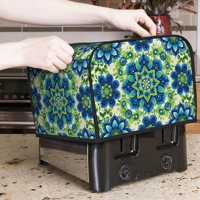 Green Blue Batik Covers for 4 Slice Toasters,Cute Country Bread Machine Cover with Handle,Washable Stain Resistant Kitchen Small Appliance Cover Dining Decor